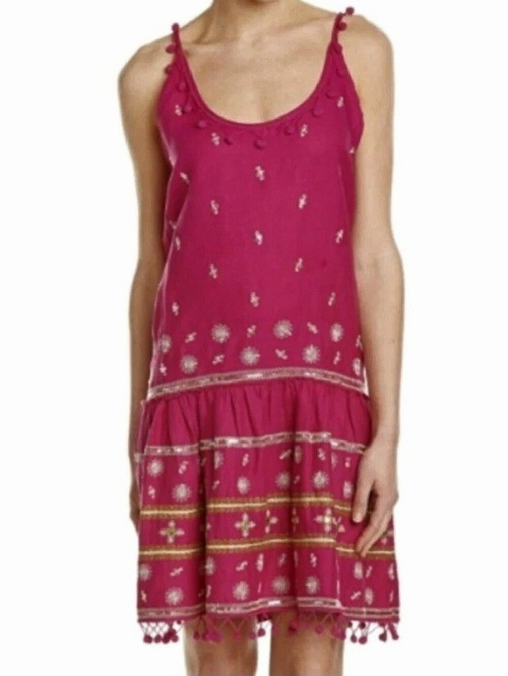 Calypso St Barth Zulema Linen Pom Pom Dress Pink Gold Sz Med Summer Resort